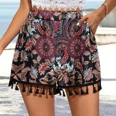 Boho Tassels Shorts Floral Print Dual Pockets Women's Clothing