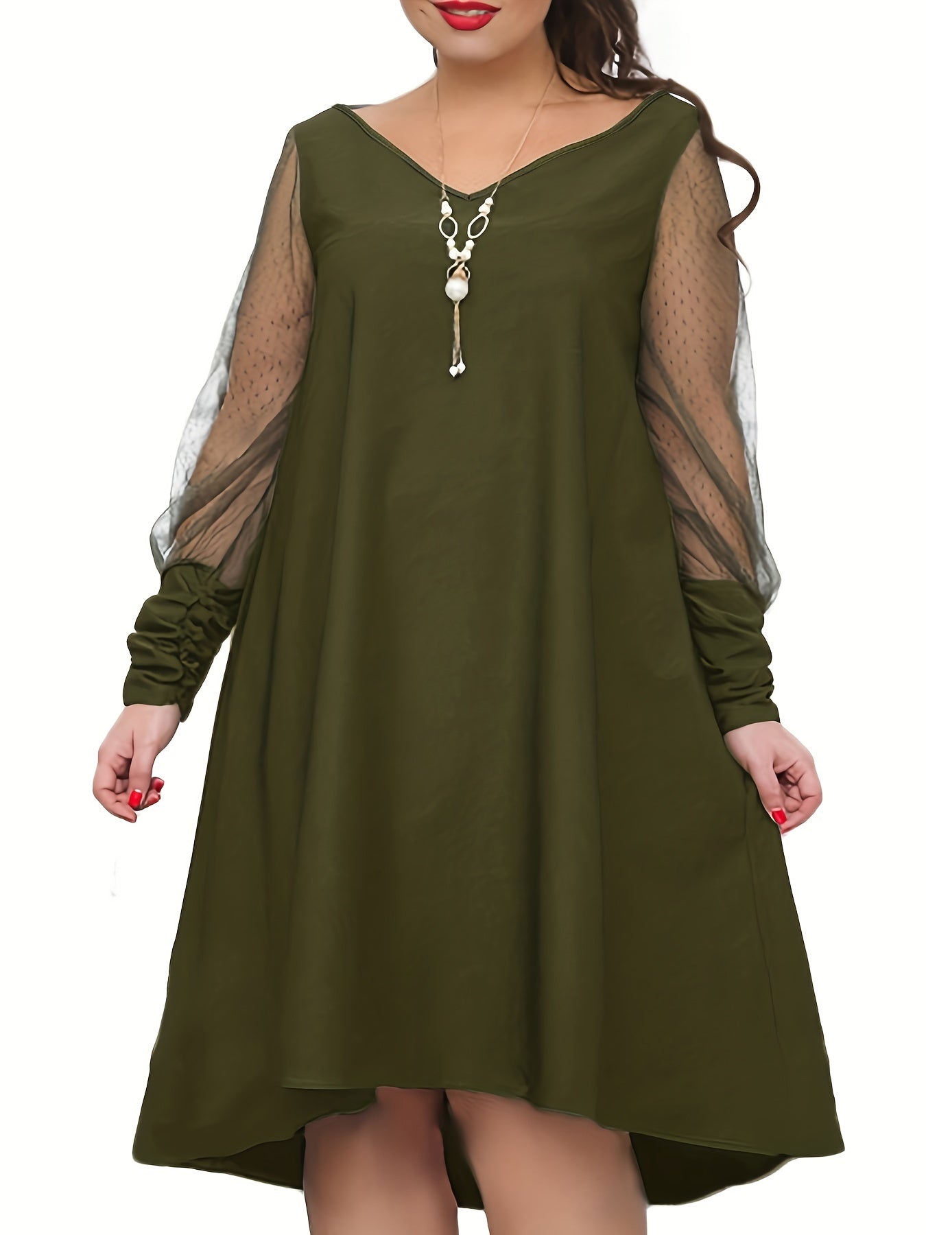 Plus Size Colorblock Mesh Long Sleeve V Neck Dress