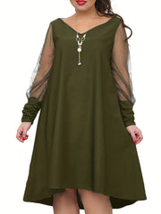 Plus Size Colorblock Mesh Long Sleeve V Neck Dress