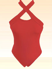 Ribbed Halter Neck Bodysuit Sleeveless Casual One Piece Bodysuit