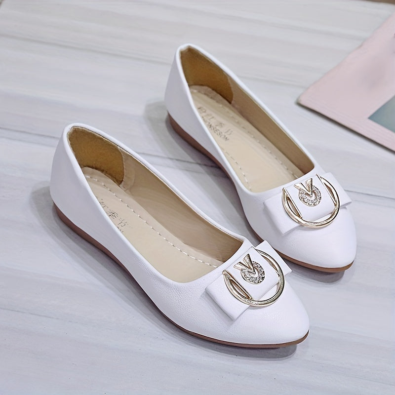 Women's Bow Pointed Toe Flat Shoes Soft Sole Slip On Casual Faux Leather