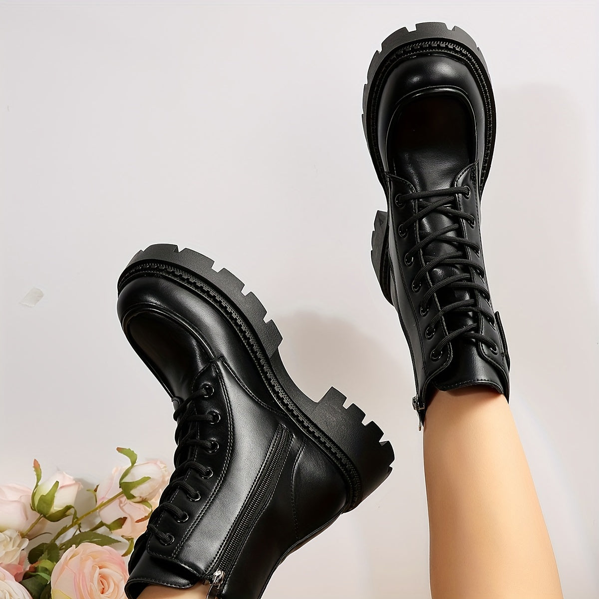 Women's Platform Combat Boots Round Toe Side Zipper & Lace Up Motorcycle Boots