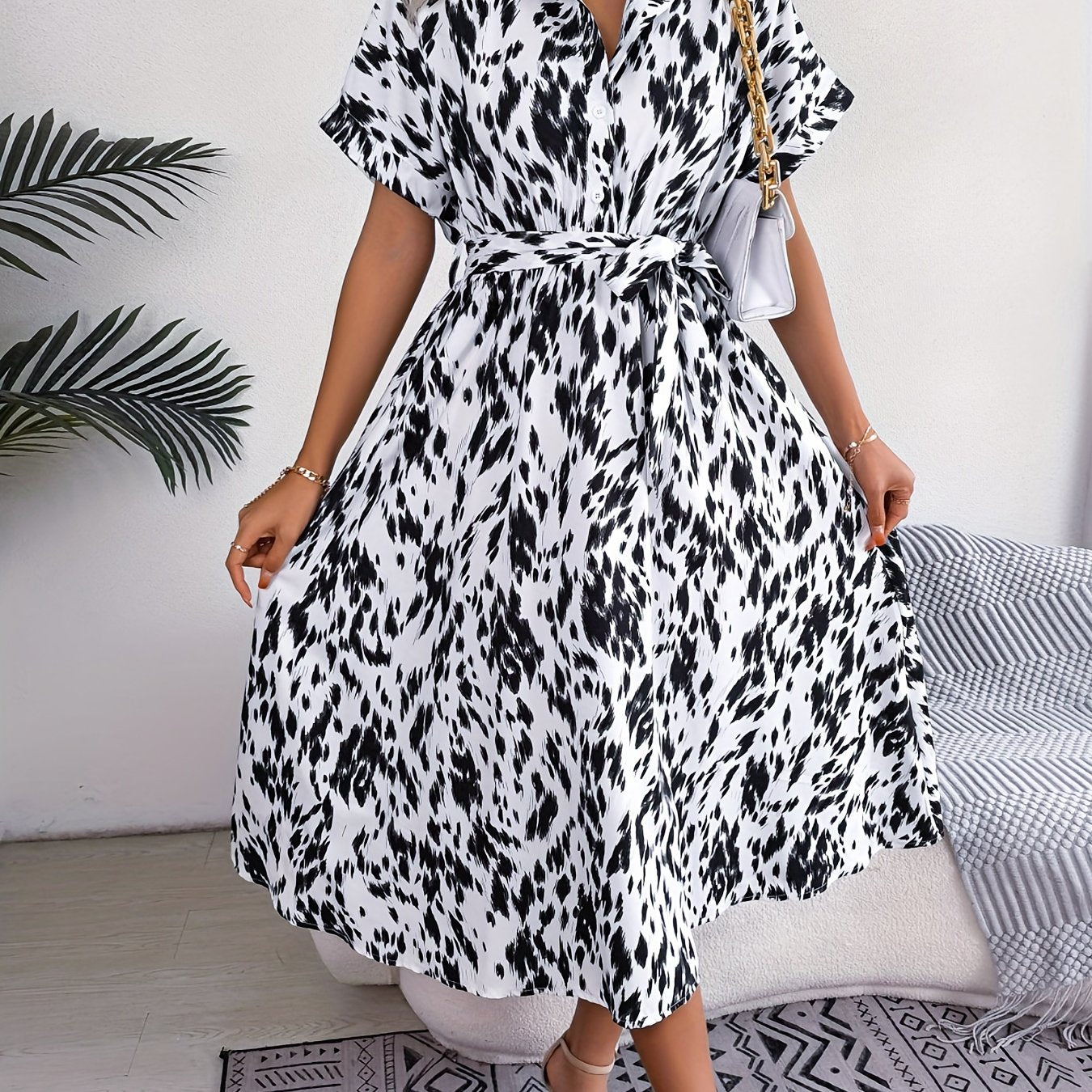 Allover Print Midi Dress Button Front Short Sleeve Women's Clothing