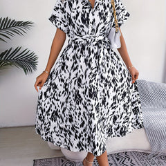 Allover Print Midi Dress Button Front Short Sleeve Women's Clothing