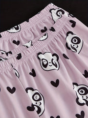 Cartoon Panda Print Pajama Set Short Sleeve Crew Neck Top & Shorts