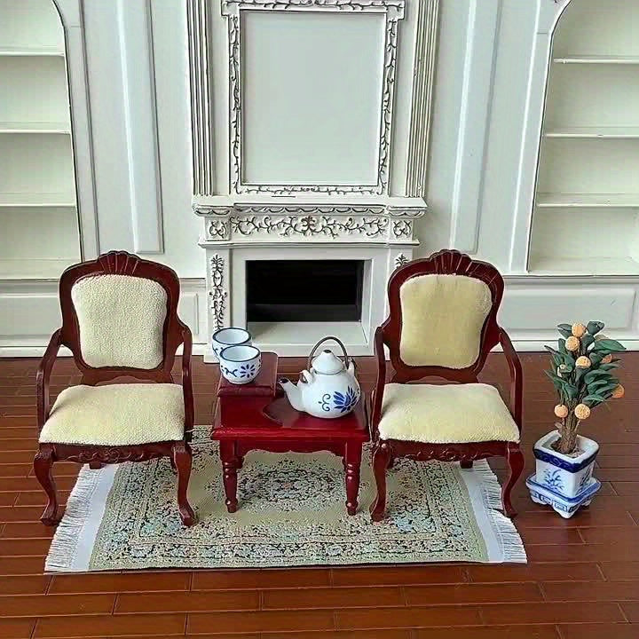 Dollhouse Vintage Red Wooden Armchair Coffee Table Set of Three