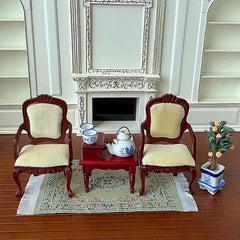 Dollhouse Vintage Red Wooden Armchair Coffee Table Set of Three