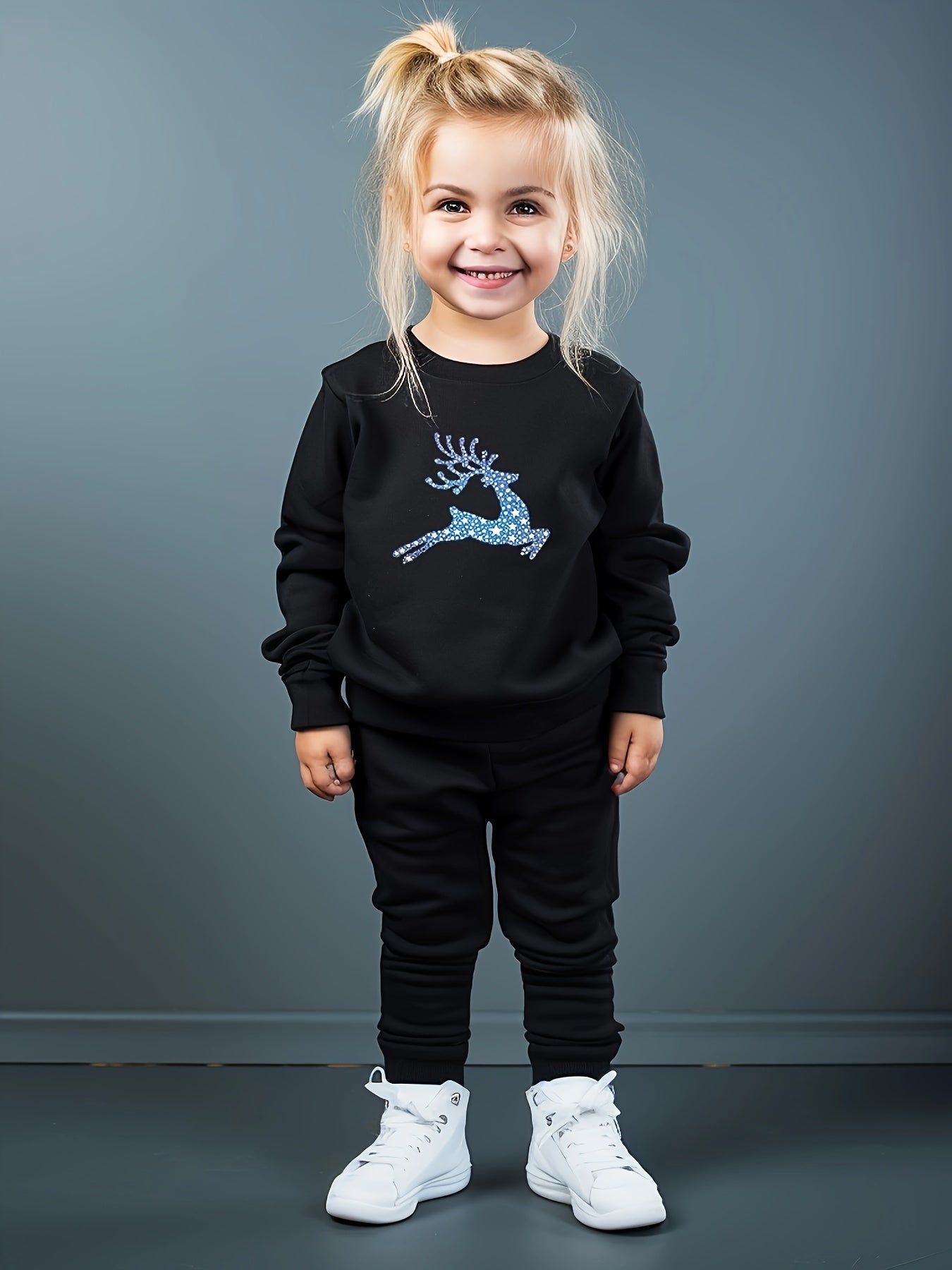Girls 2pc Deer Pattern Crew Neck Sweatshirt Set