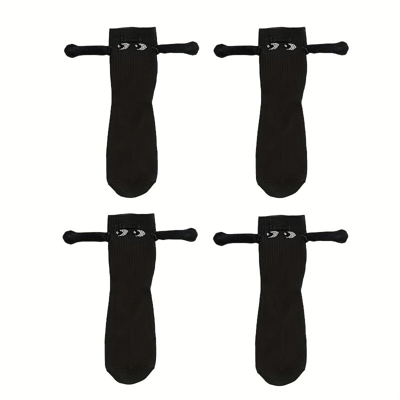2-Pairs Couple Creative Mid-Calf Socks with 3D Magnetic Hand Holding Dolls