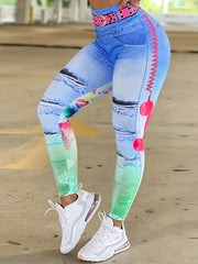 High Waist Denim Print Yoga Pants
