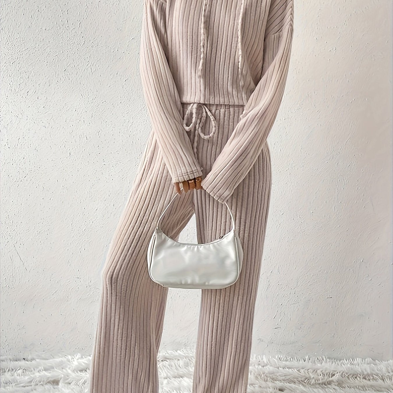 Solid Ribbed Knit Hoodie & Pants Set