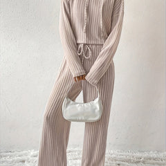 Solid Ribbed Knit Hoodie & Pants Set