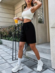 Ribbed Crop Tank Top & Elastic Waist Shorts Set Women's Outfit