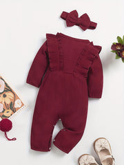Baby Girl Romper Set Striped Ruffle Trim Long Sleeve Headband