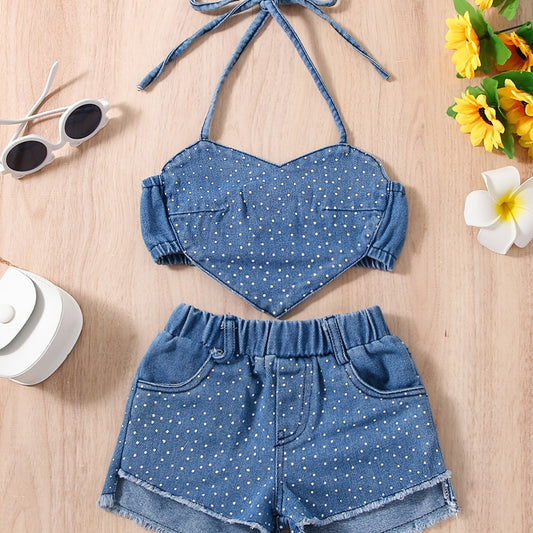 Girls Polka Dot Heart Halter Crop Top & Denim Shorts Set