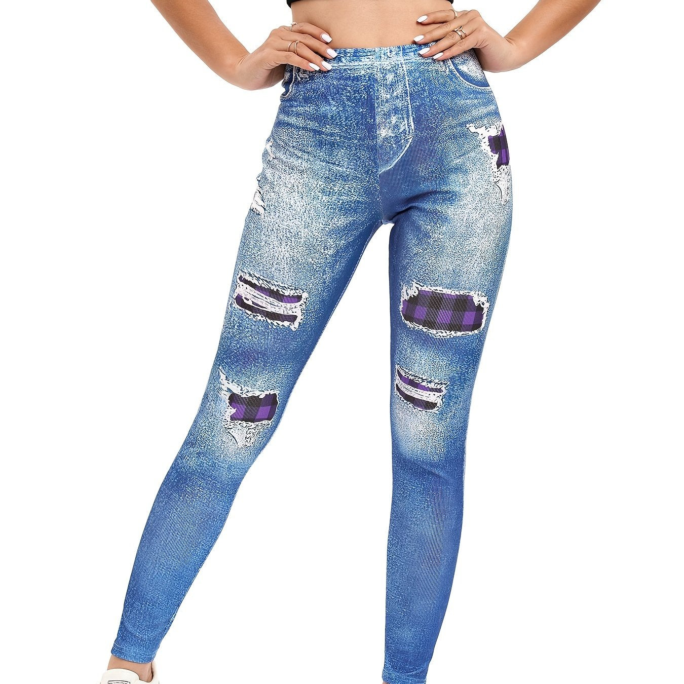 Denim Print High Waist Skinny Leggings Casual Stretchy Leggings