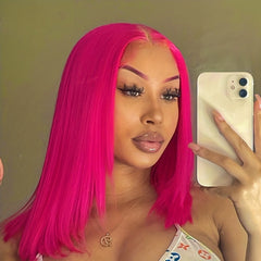 Hot Pink Short Straight Bob Wigs 13x4 Lace Front Human Hair Wigs