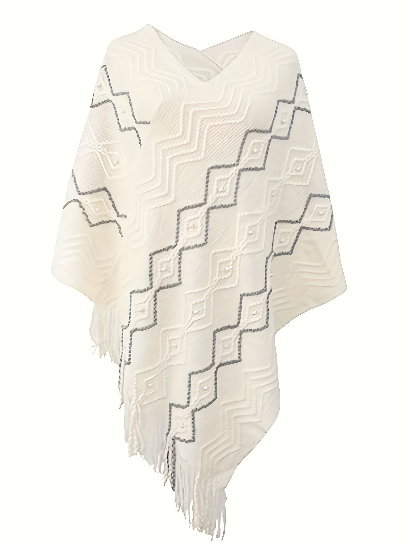 Argyle Print Tassel Cape Sweater V Neck Casual Versatile Sweater