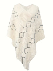 Argyle Print Tassel Cape Sweater V Neck Casual Versatile Sweater