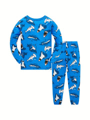 Boys 2pcs Pajamas Cotton Long Sleeve Round Neck Pullover Top & Pants