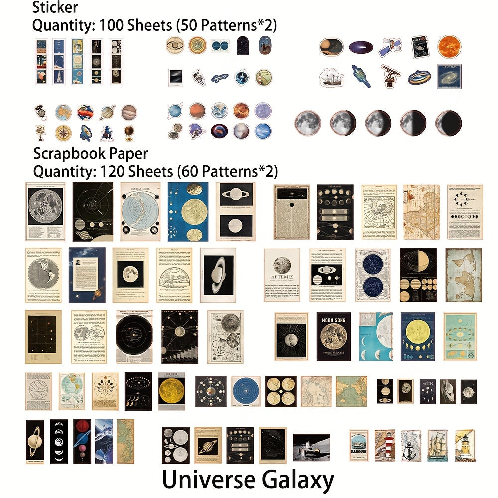 220 Sheets Universe Series Scrapbook Supplies Vintage Scrapbook Paper Stickers