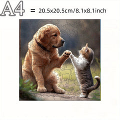 Wooden Puzzle Friendly Dog & Kitten High Five Challenging Plywood Puzzle