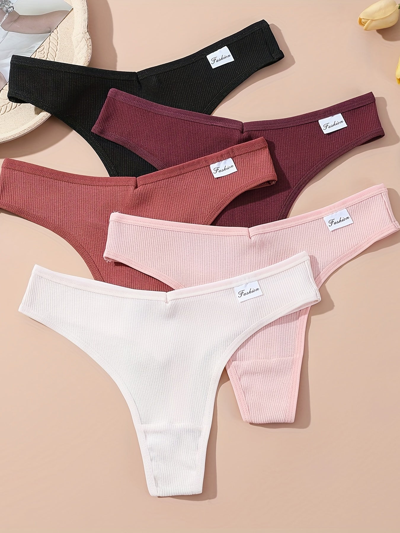 5pcs Ribbed Thongs Low Waist Intimates Panties Women's Lingerie