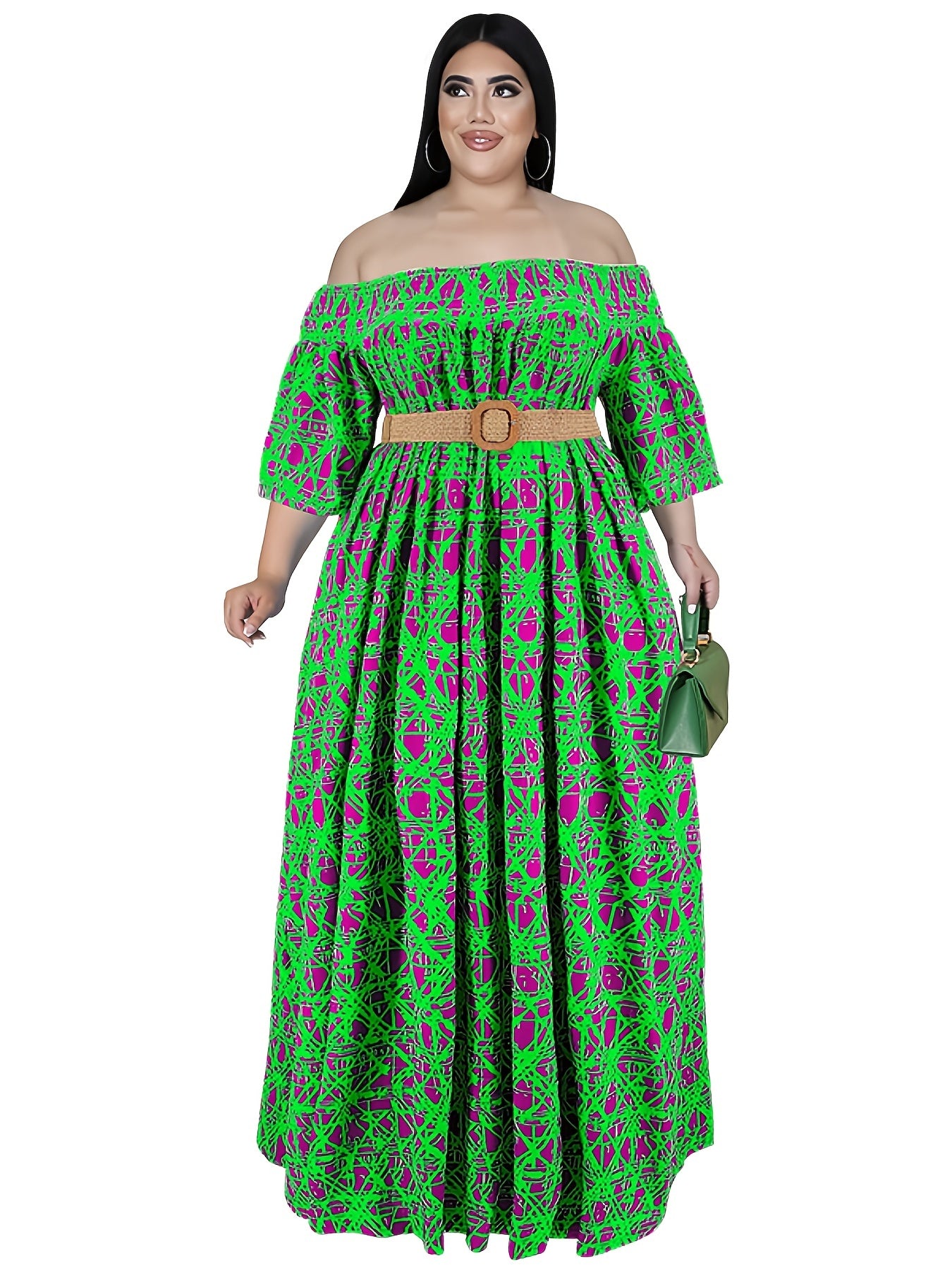 Graphic Print Off Shoulder Maxi Dress Plus Medium Stretch