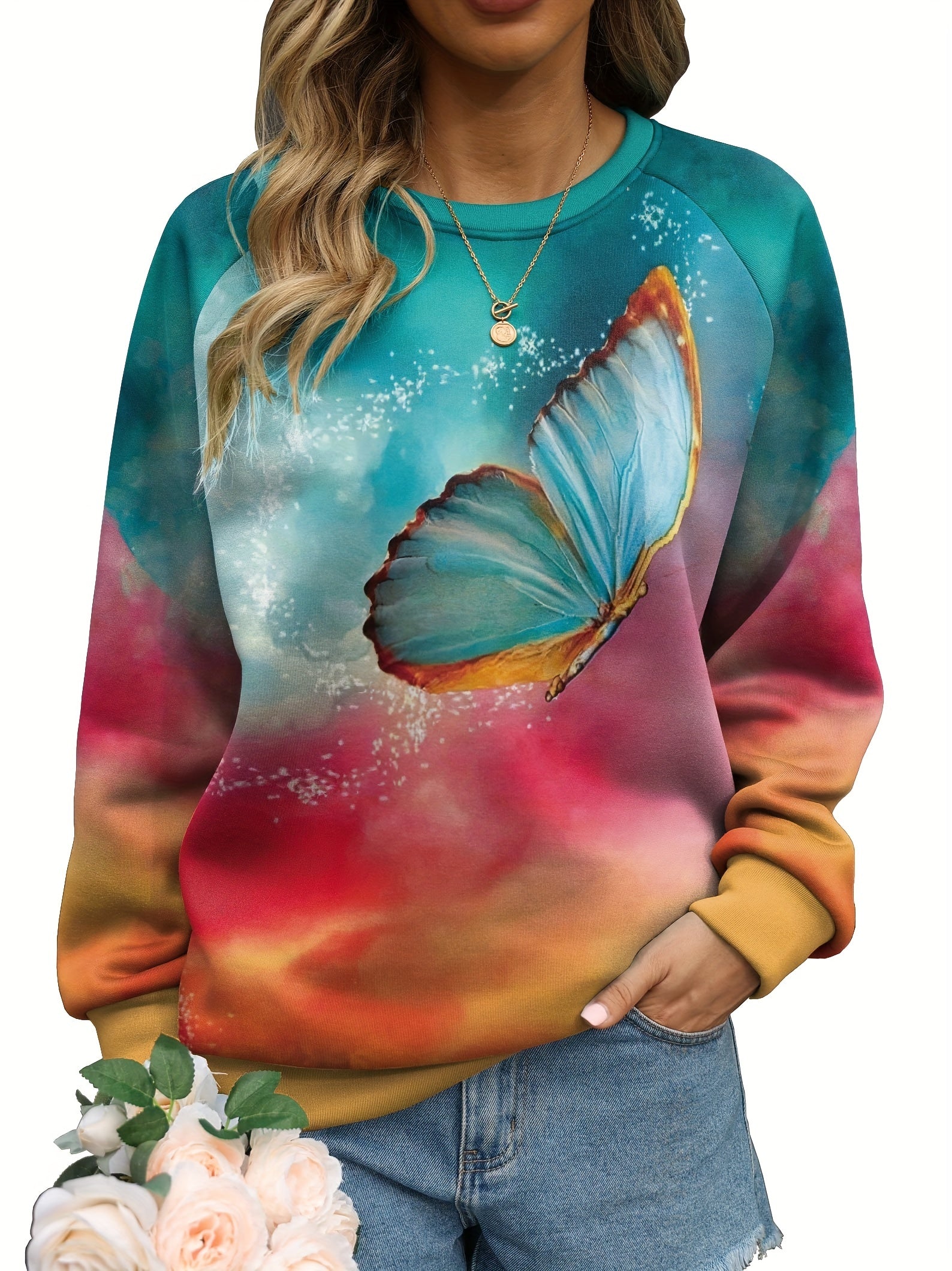 Butterfly Print Sweatshirt Crew Neck For Women