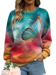Butterfly Print Sweatshirt Crew Neck For Women