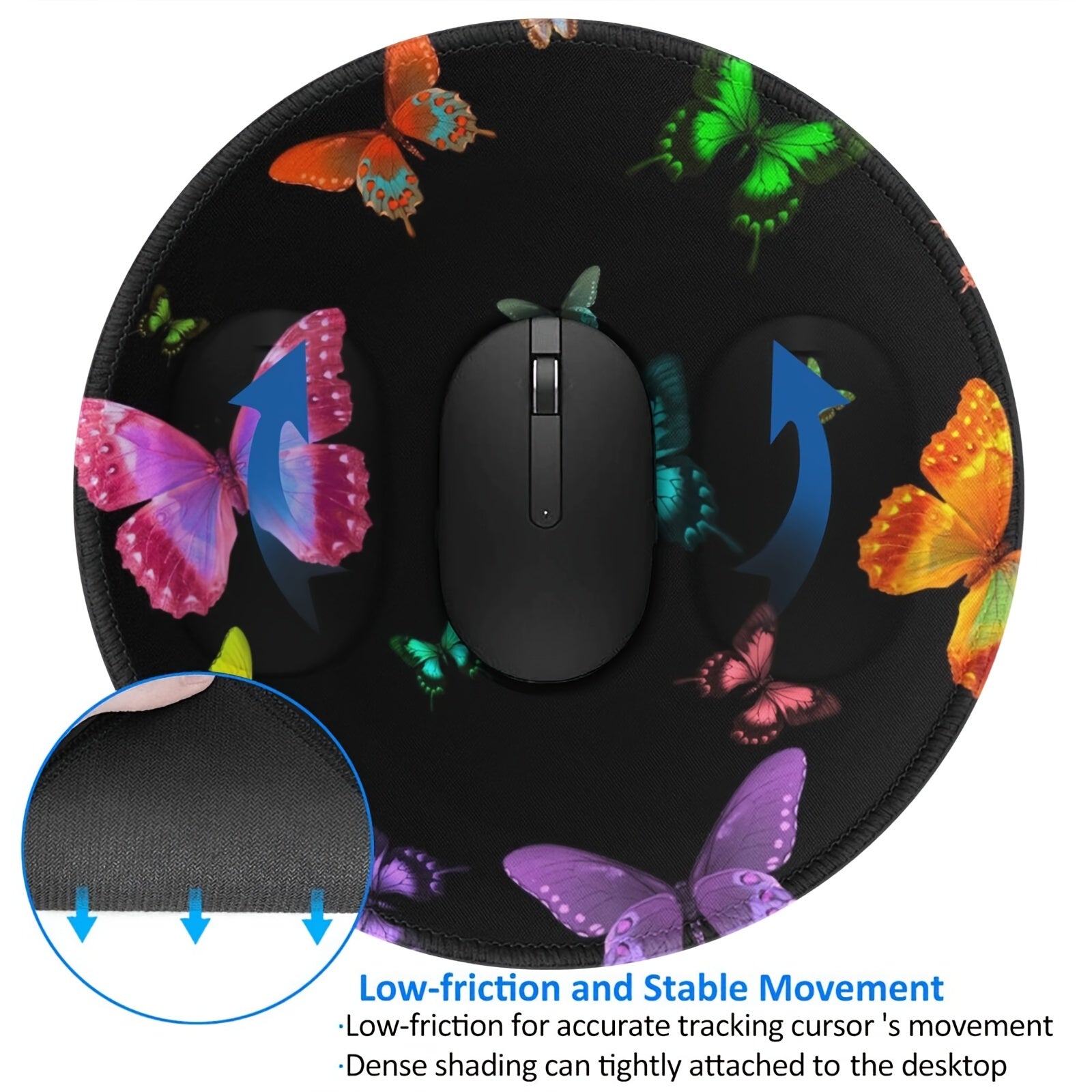 Colorful Butterfly Circular Sewn Edge Mouse Pad for Work Games Desktop Laptop