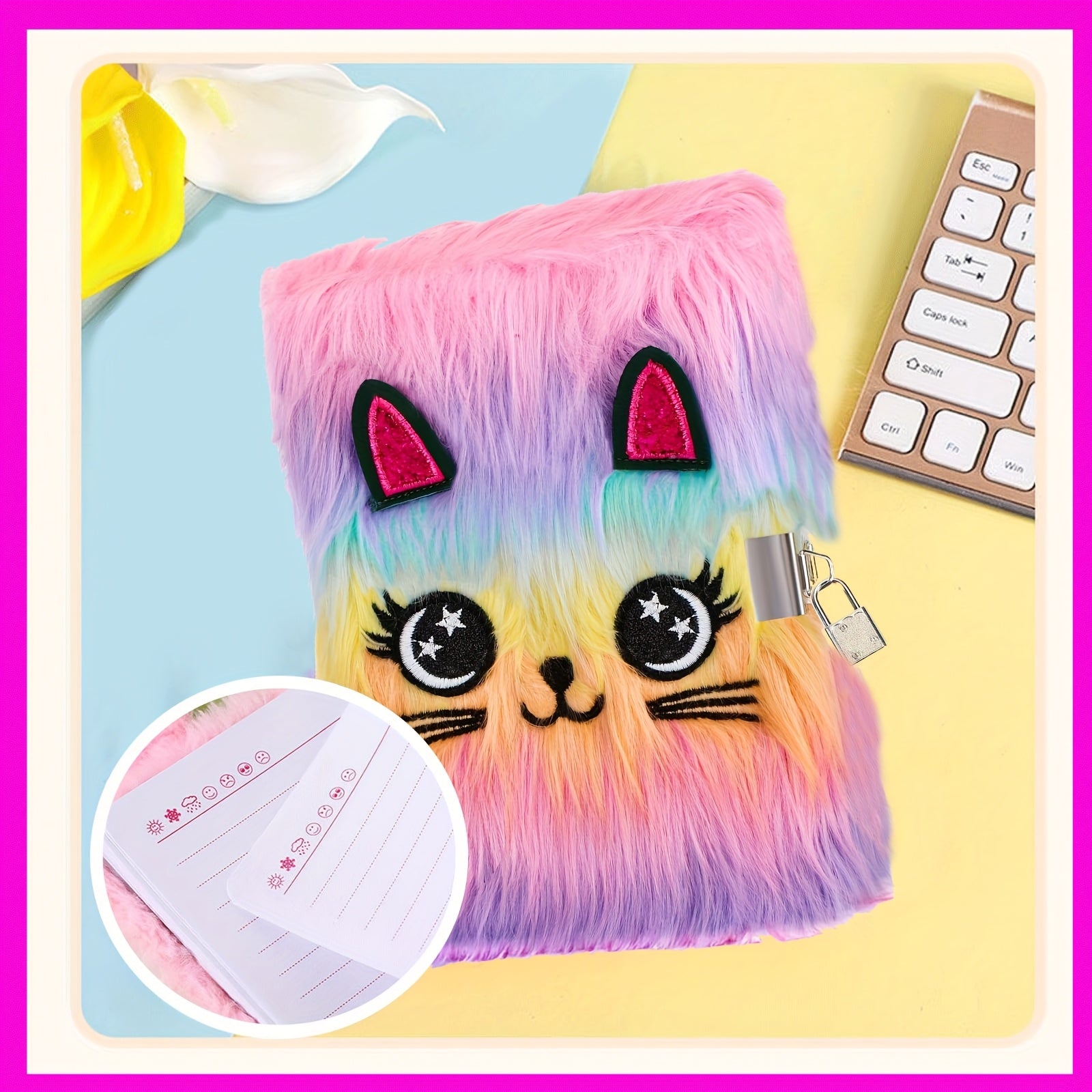 Fluffy Lockable Cat Diary Pastel Pink Plush Notebook for Girls Diary Writing