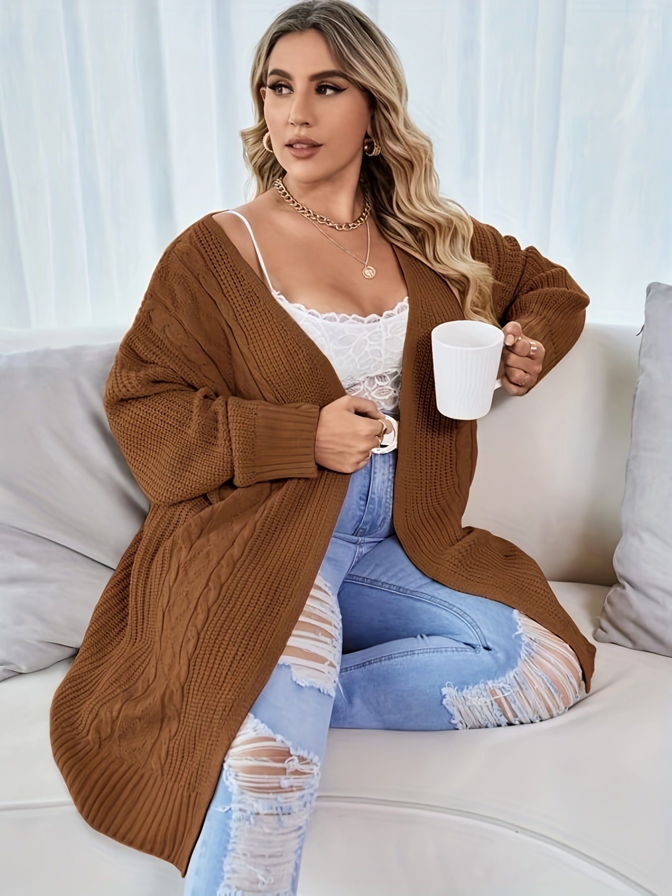 Casual Cardigan Women's Plus Solid Cable Knit Open Front Cardigan
