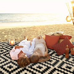 Beige Plaid Outdoor Rug Mat - Reversible Patio Rug