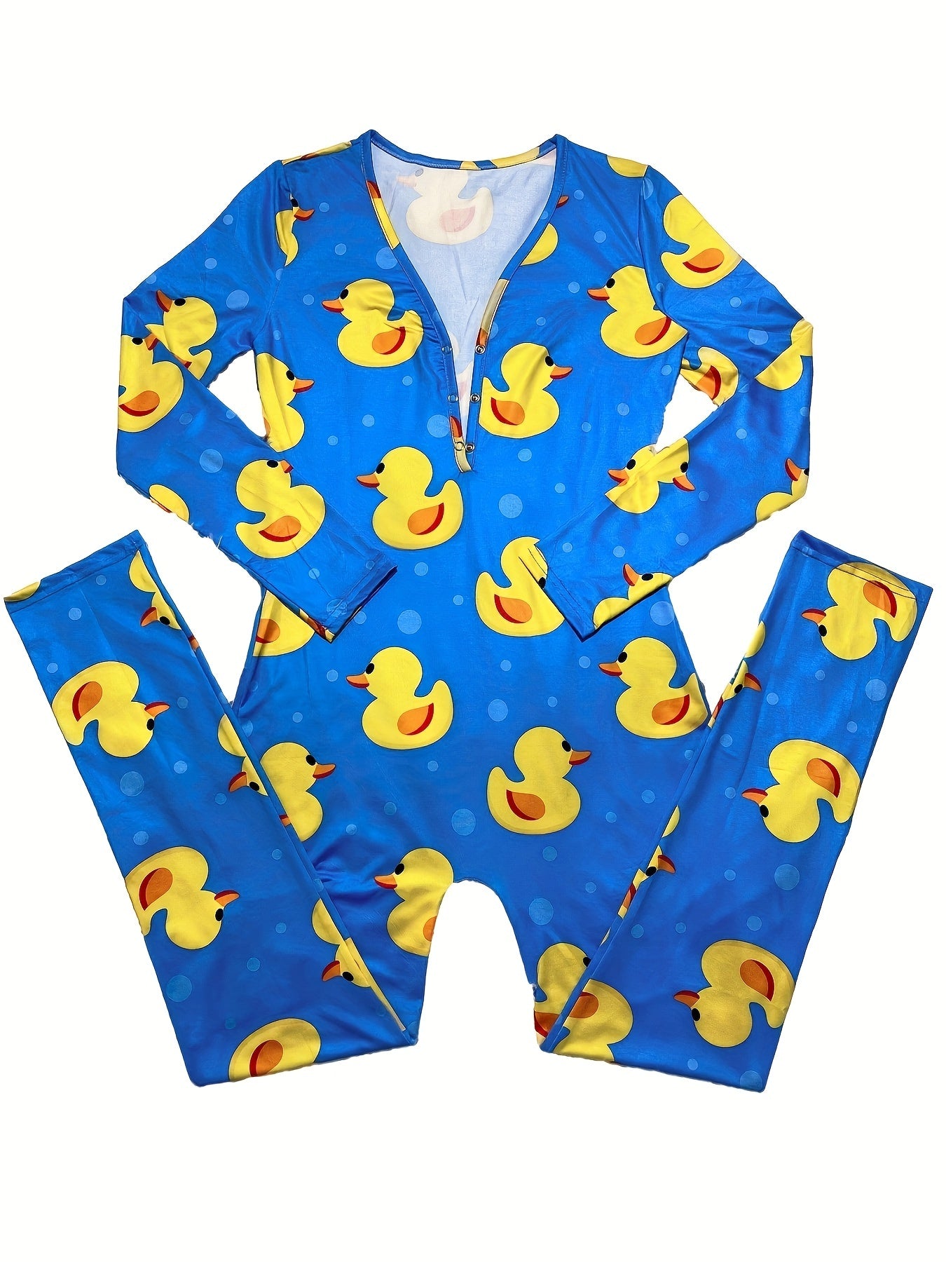 Duck Print Lounge Romper Long Sleeve V Neck Buttons Romper Women's Loungewear