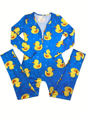 Duck Print Lounge Romper Long Sleeve V Neck Buttons Romper Women's Loungewear