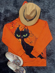 Halloween Cat Print Kangaroo Pocket Hoodie Women's Sweatshirt