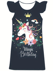 Girl's Pony One piece Dress Butterfly Sleeve Crew Neck Princess Dress Summer