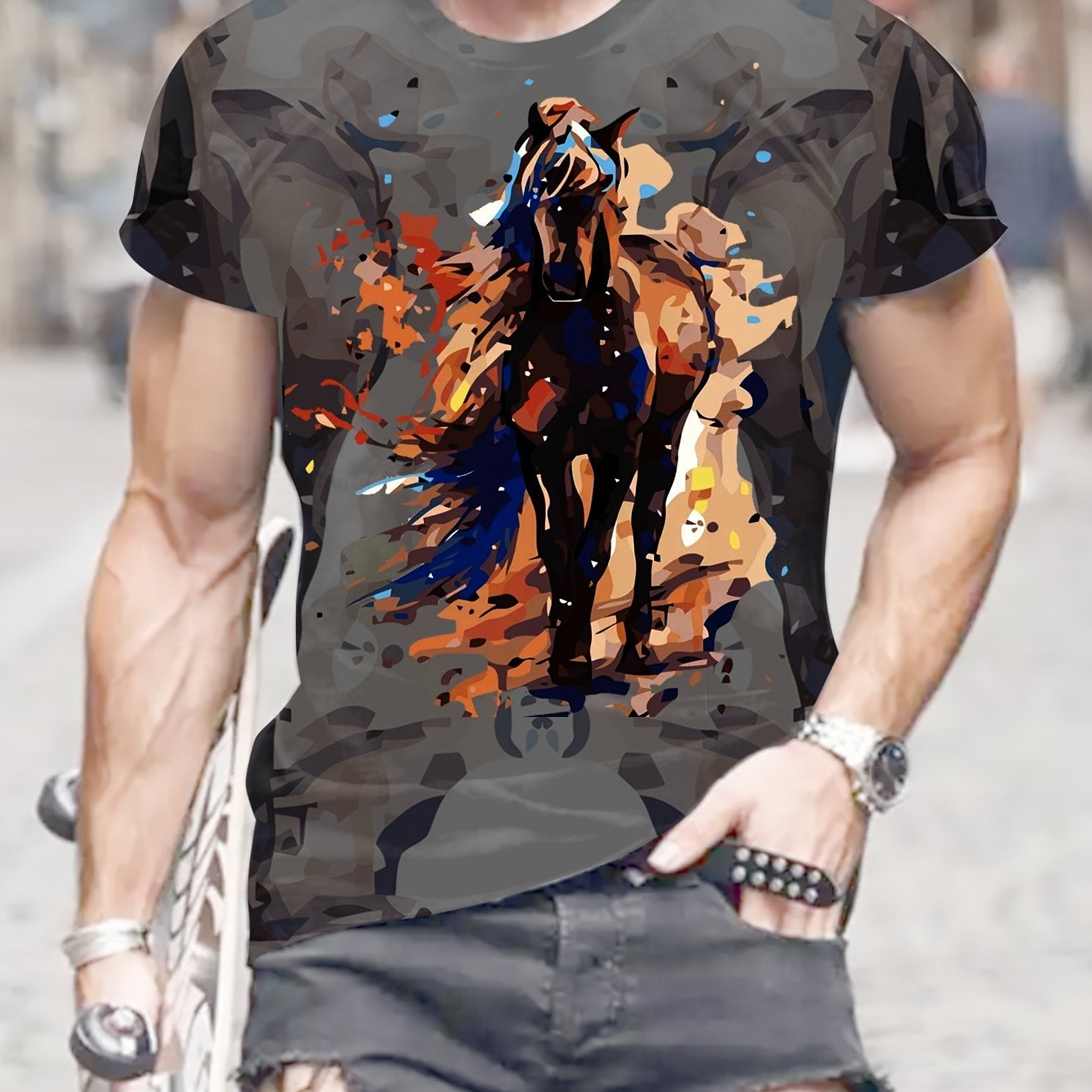 Horse Print Graphic Tee for Men Casual Summer T-shirt