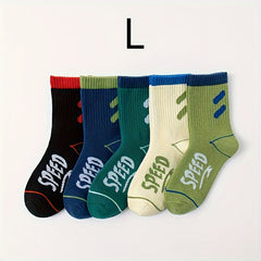 5 Pairs Kids Sports Socks, Letters Print, Sweat Absorption, Comfortable