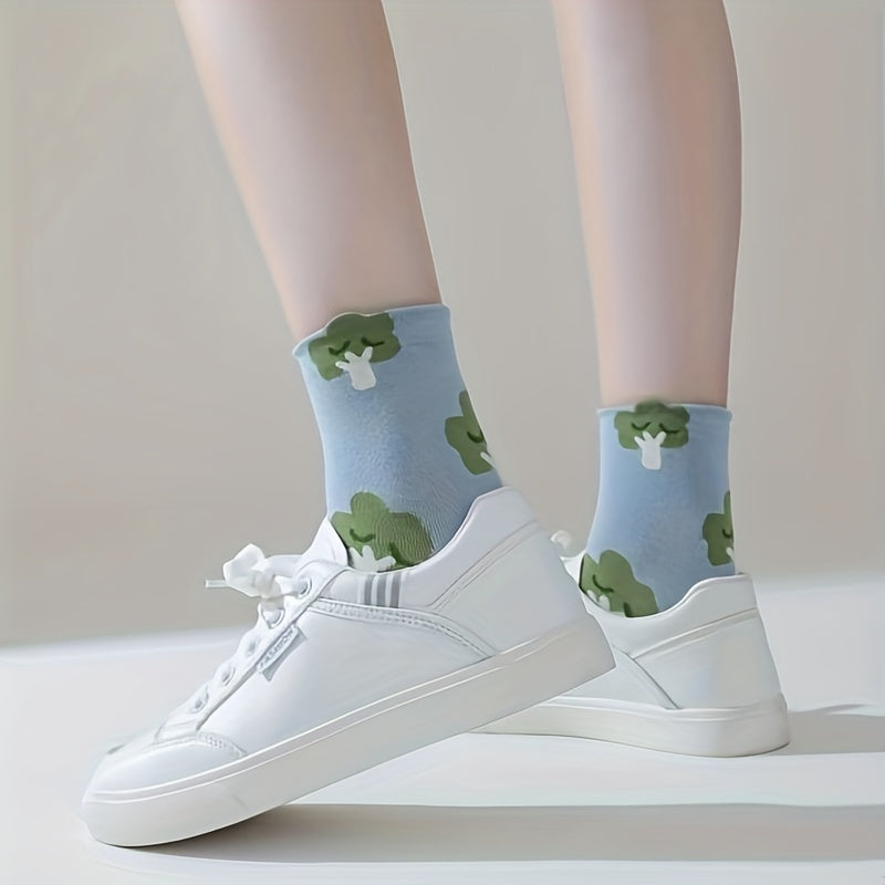 5 Pairs Fruit & Vegetable Print Socks Comfy Crew Socks Women's Stockings Hosiery