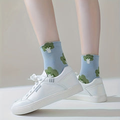 5 Pairs Fruit & Vegetable Print Socks Comfy Crew Socks Women's Stockings Hosiery