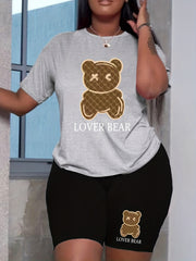 Lover Bear Print Two piece Set Short Sleeve Crew Neck T Shirt & Shorts
