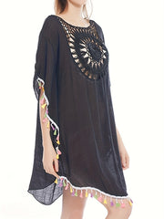 Boho Style Beach Cover Up Dress with Tassel Trim