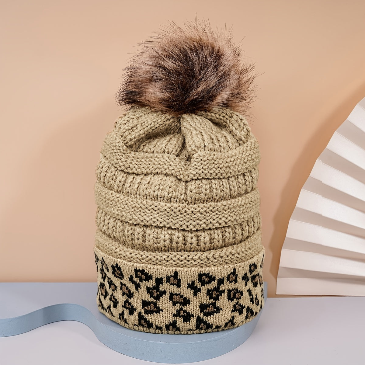 Leopard Fur Ball Beanie Women's Knitted Warm Hat Woolen Hat