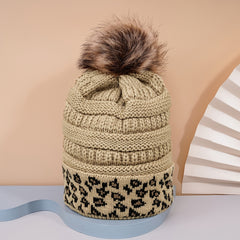 Leopard Fur Ball Beanie Women's Knitted Warm Hat Woolen Hat