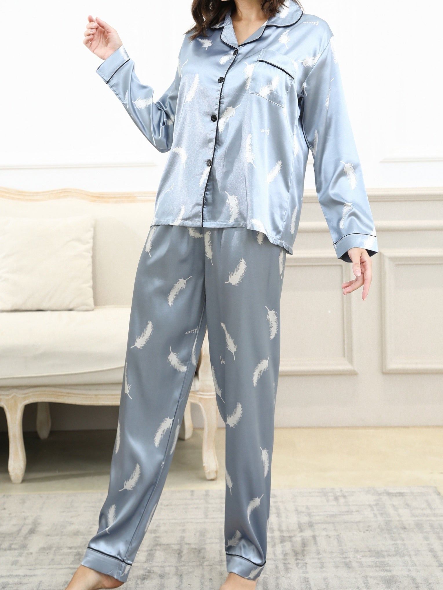 Women's Satin Feather Print Pajama Set Long Sleeve Button Up Tops & Pants