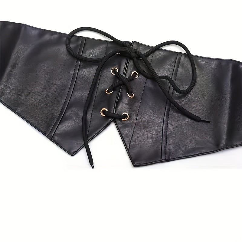 Punk Wide Waist Cinch Belt Bowknot Lace Up Elastic PU Corset Belt