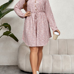 Women's Heathered Long Sleeve V Neck Button Up Drawstring Dress