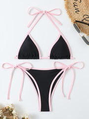 Pink Triangle Halter Neck Two Piece Bikini Sets